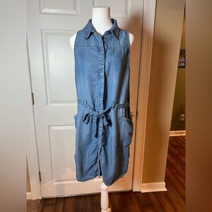 A New Day Blue Casual denim shirt dress size L button up belted pockets womens